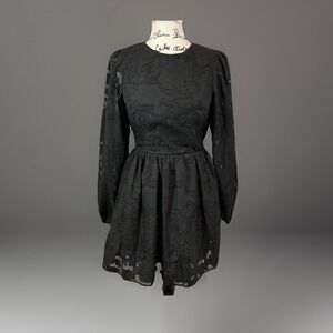 Nasty Gal Collection Black Floral Mini Dress Long Sleeve Open Back‎ UK 6 US 2